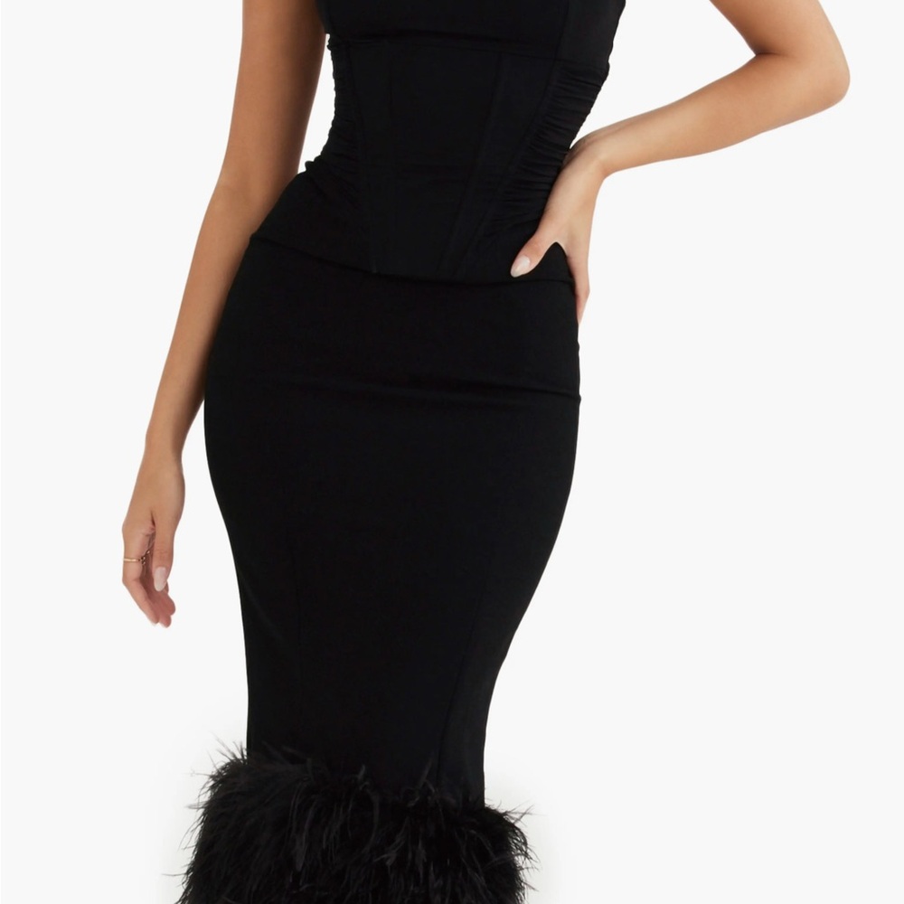 House of CB Fionula Strapless Feather Hem Midi Dress Small